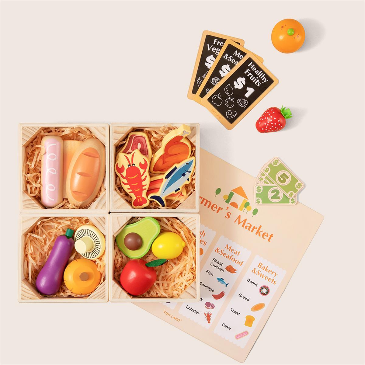 Tiny Land® Play Kitchen Accessories – Wooden Play Food for Play Kitchen: Pretend Cooking Set for Kids