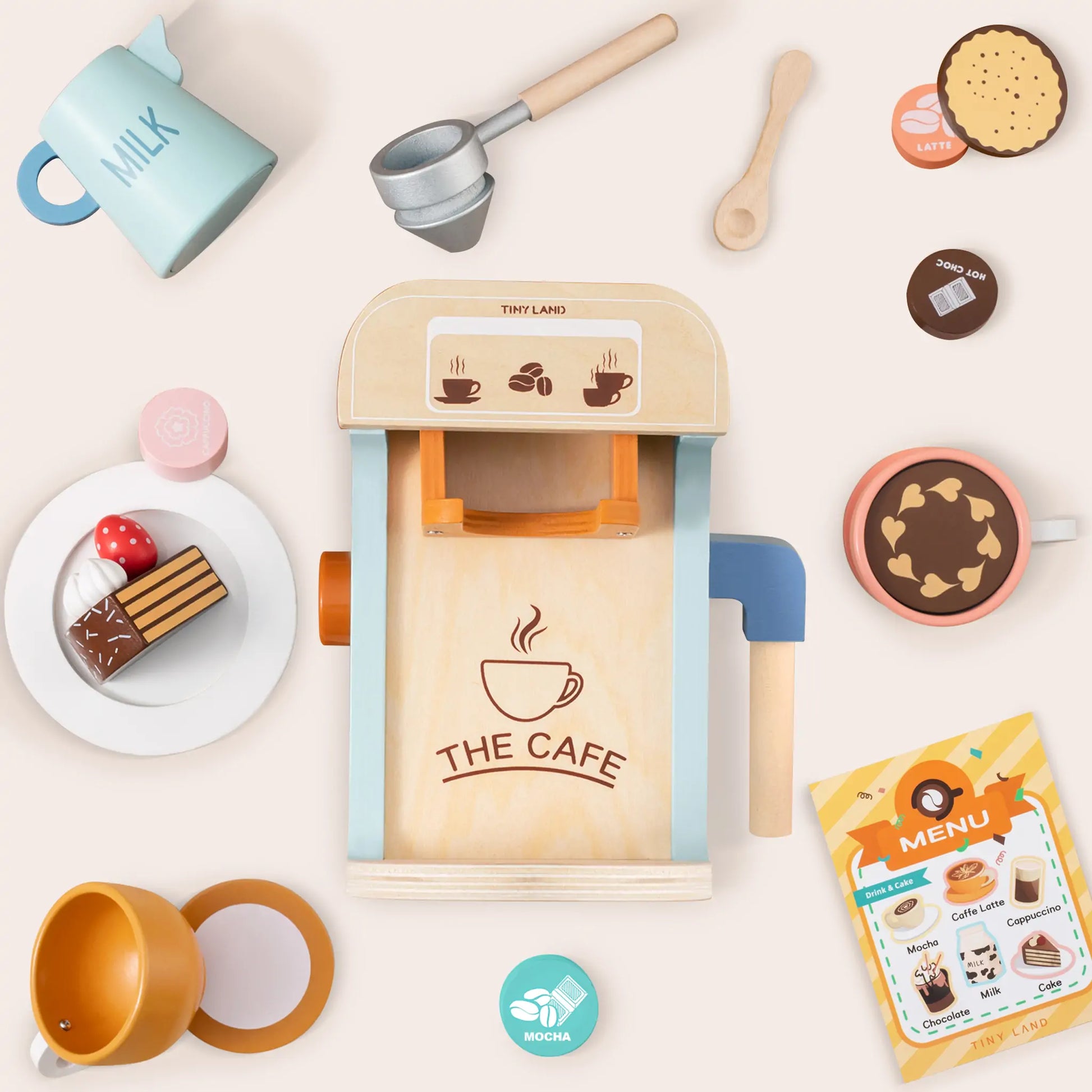 Tiny Land® Play Kitchen Accessories – Children’s Coffee Maker: Wooden Kids Play Coffee Maker Set - Chickadees Wooden Toys