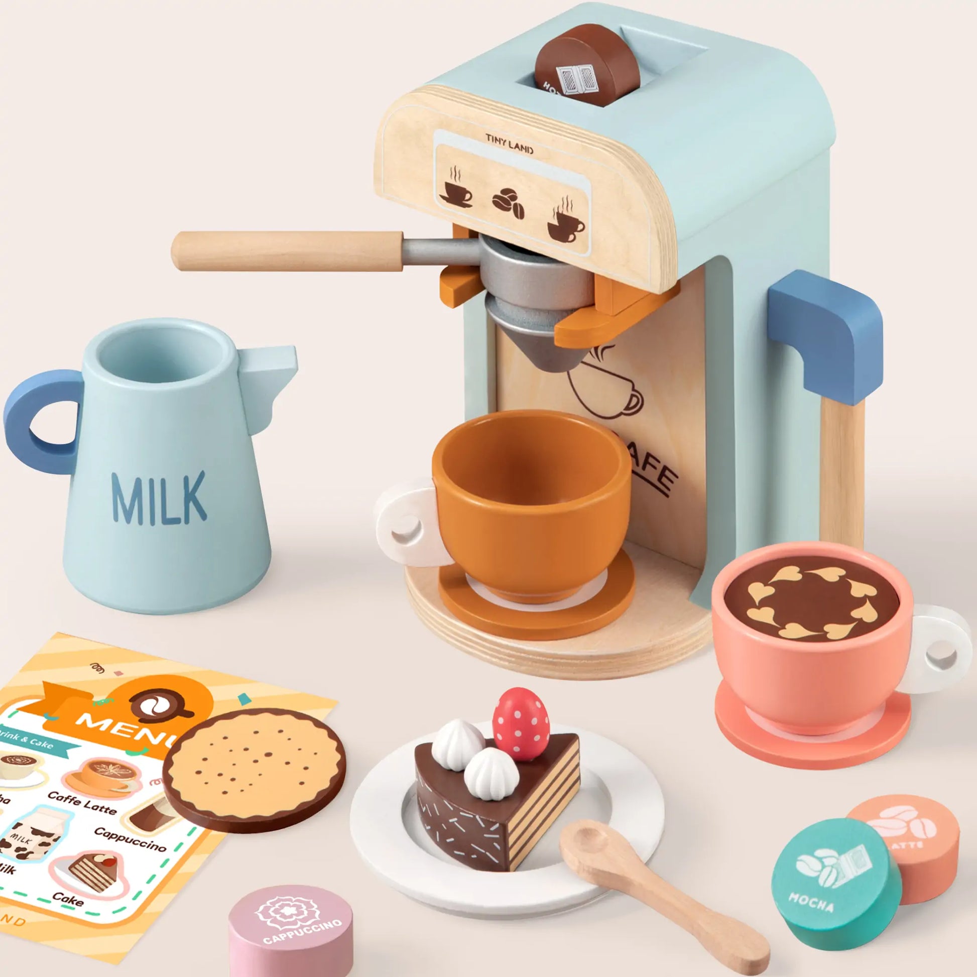Tiny Land® Play Kitchen Accessories – Children’s Coffee Maker: Wooden Kids Play Coffee Maker Set - Chickadees Wooden Toys
