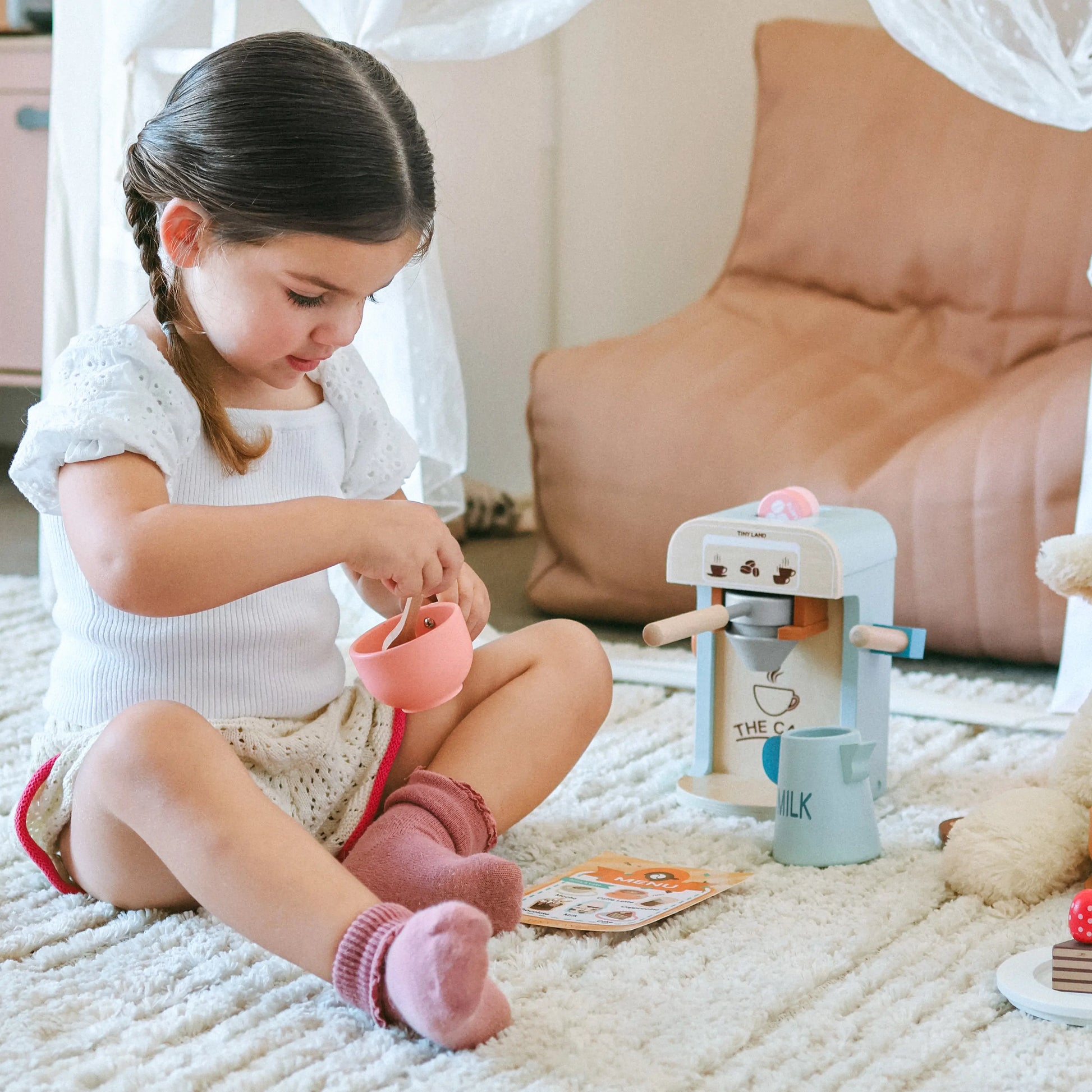 Tiny Land® Play Kitchen Accessories – Children’s Coffee Maker: Wooden Kids Play Coffee Maker Set - Chickadees Wooden Toys