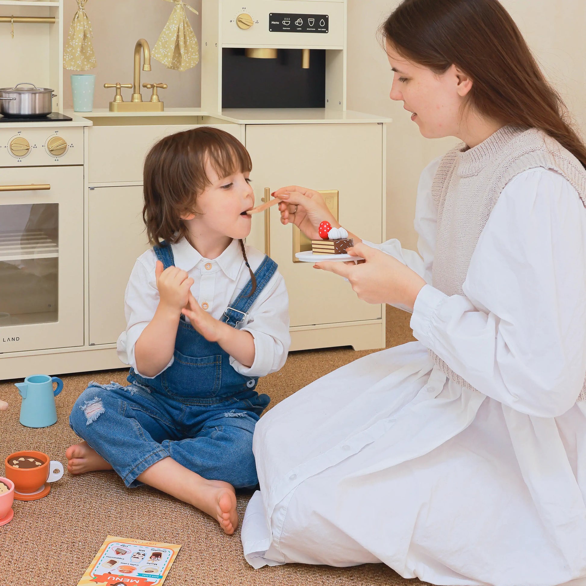 Tiny Land® Play Kitchen Accessories – Children’s Coffee Maker: Wooden Kids Play Coffee Maker Set - Chickadees Wooden Toys