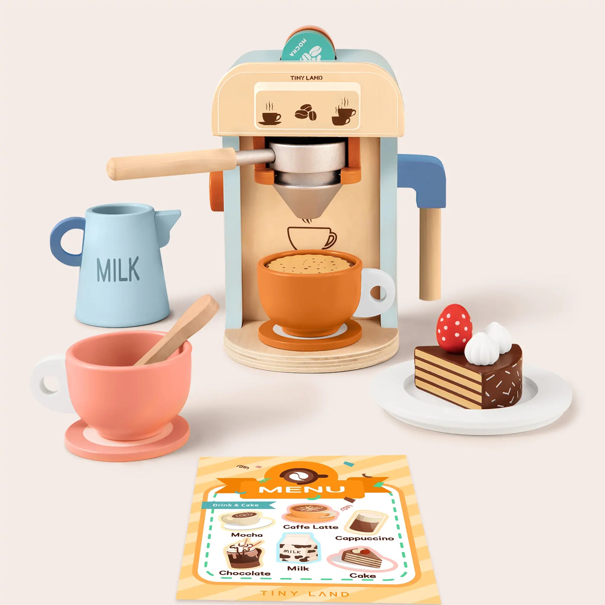 Tiny Land® Play Kitchen Accessories – Children’s Coffee Maker: Wooden Kids Play Coffee Maker Set - Chickadees Wooden Toys