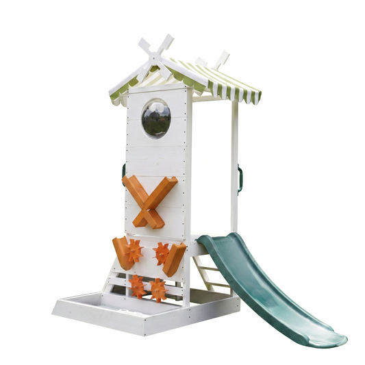 Aloe Wooden Outdoor Playhouse for Toddlers | Slide, Water Wheel Station, Steering Wheel & Sandbox