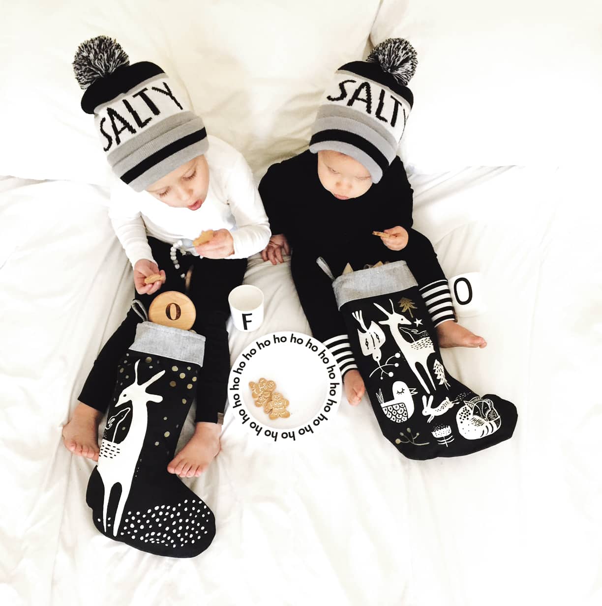 Winter Animals Stocking - White on Black - Chickadees Wooden Toys