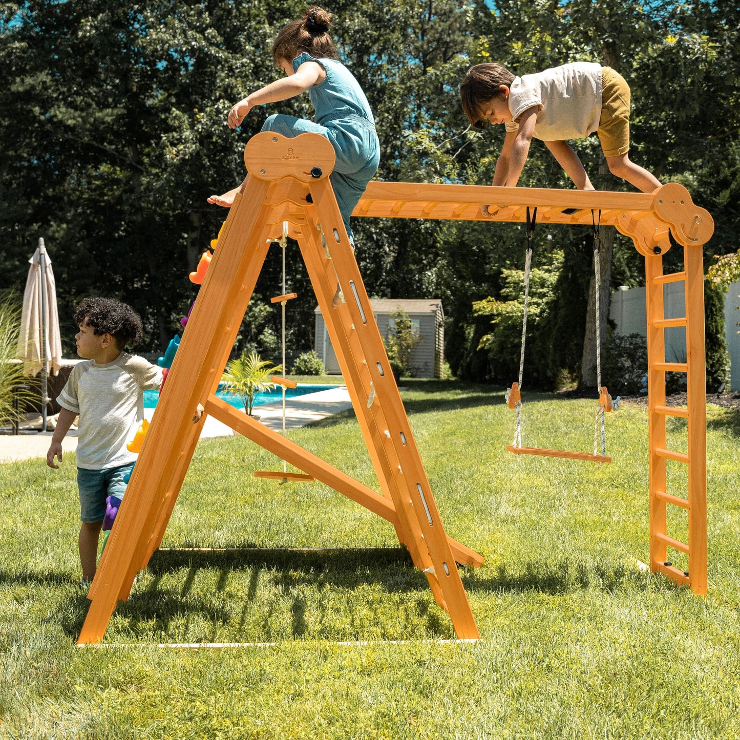 Chestnut 8-in-1 Jungle Gym for Toddlers | Indoor & Outdoor Wooden Playset - Chickadees Wooden Toys