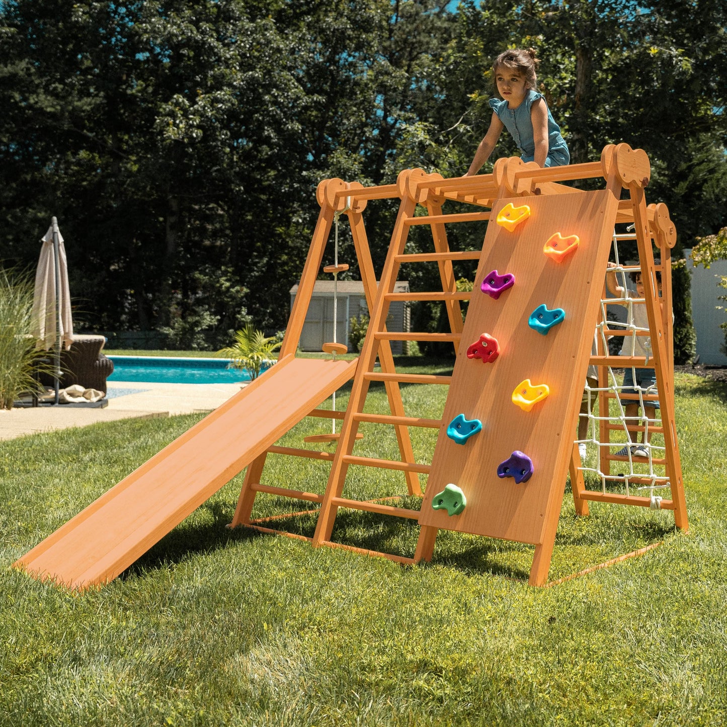Chestnut 8-in-1 Jungle Gym for Toddlers | Indoor & Outdoor Wooden Playset - Chickadees Wooden Toys