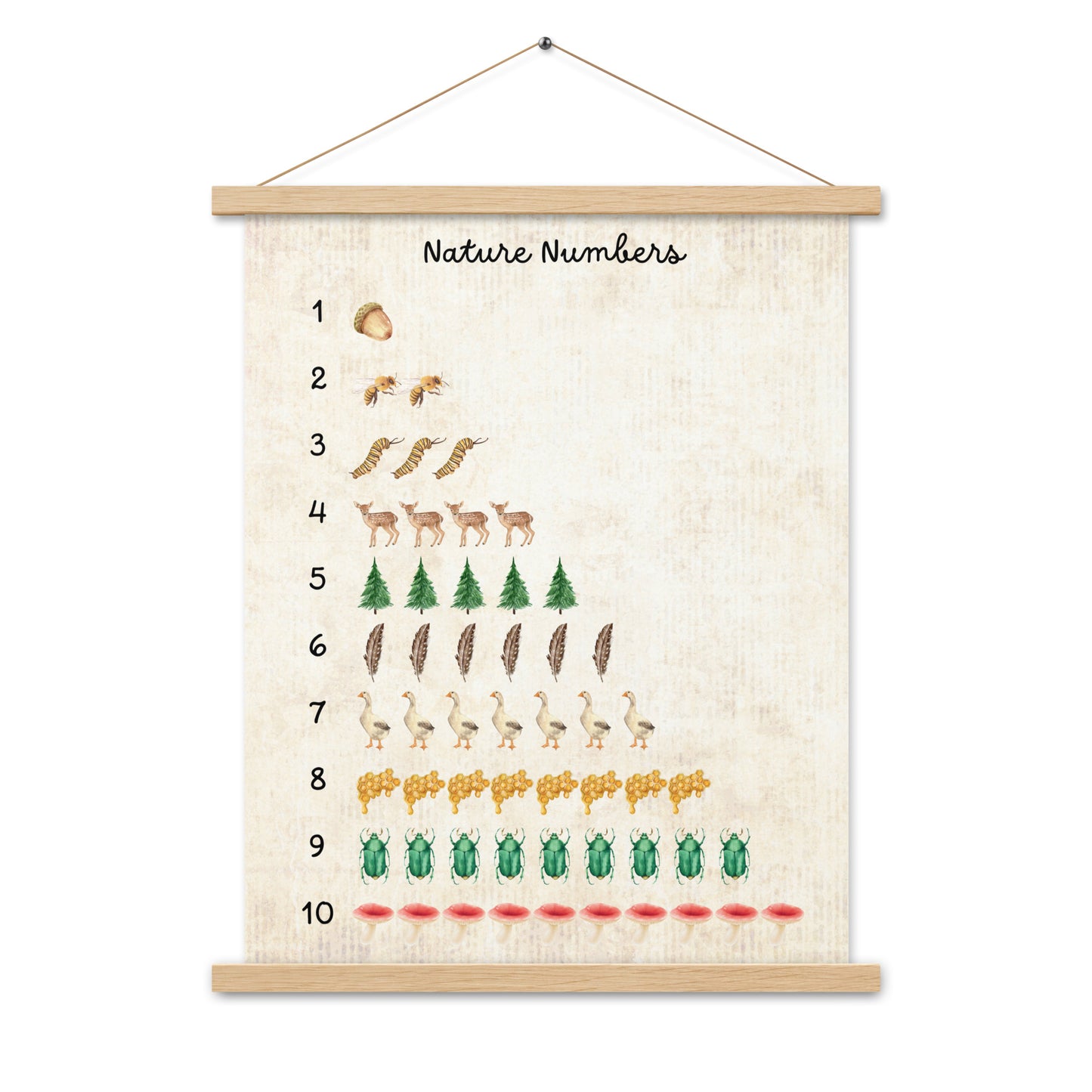 Nature Numbers - Matte 18x24 Poster with Wooden Hanger - Vintage Look - Chickadees Wooden Toys