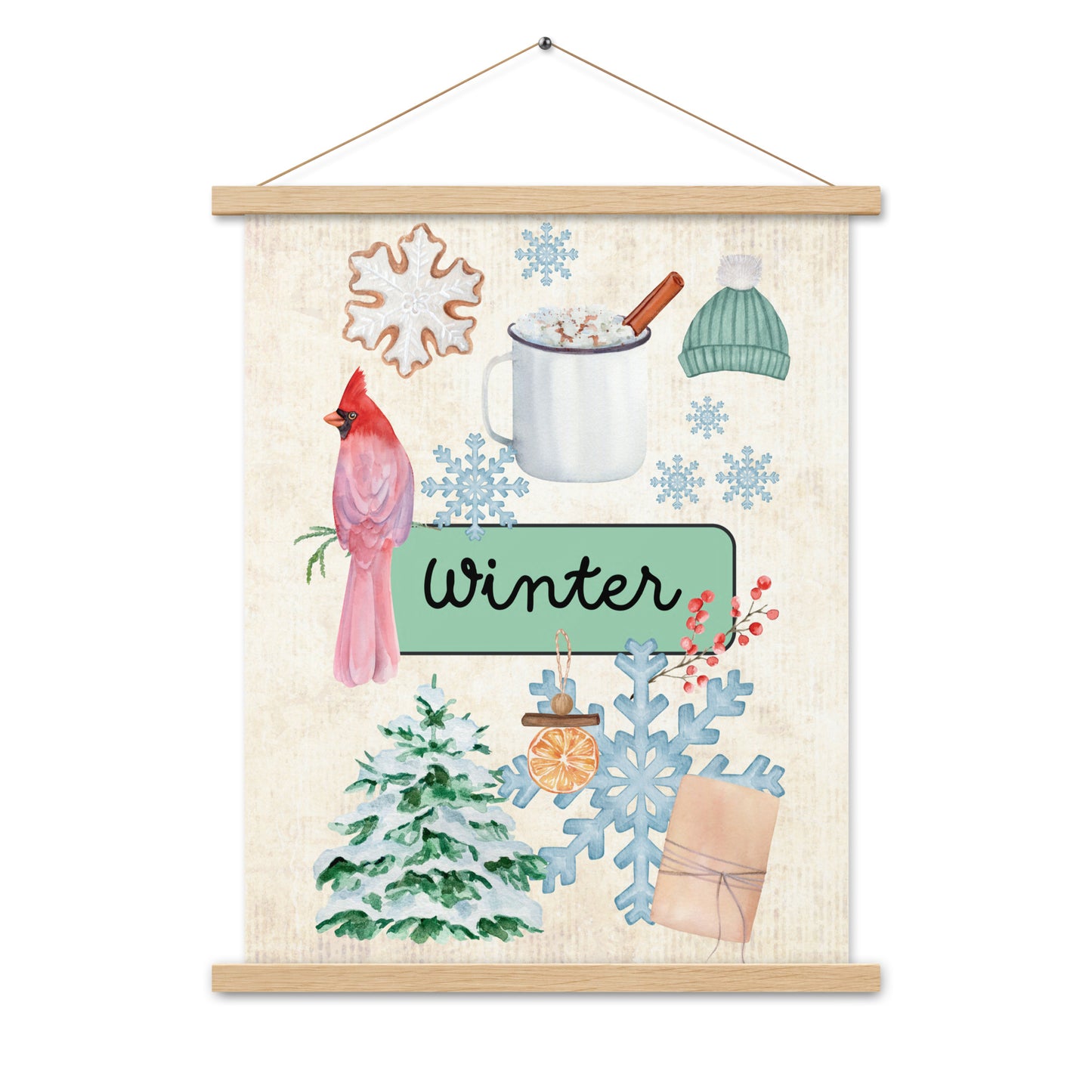 Winter - Matte 18x24 Poster with Wooden Hanger - Vintage Look - Chickadees Wooden Toys