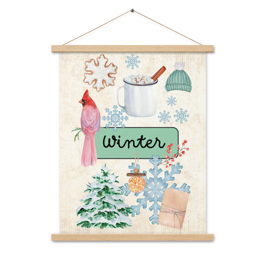 Winter - Matte 18x24 Poster with Wooden Hanger - Vintage Look - Chickadees Wooden Toys
