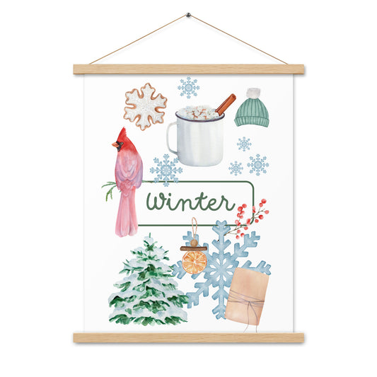Winter - Matte 18x24 Poster with Wooden Hanger - White - Chickadees Wooden Toys