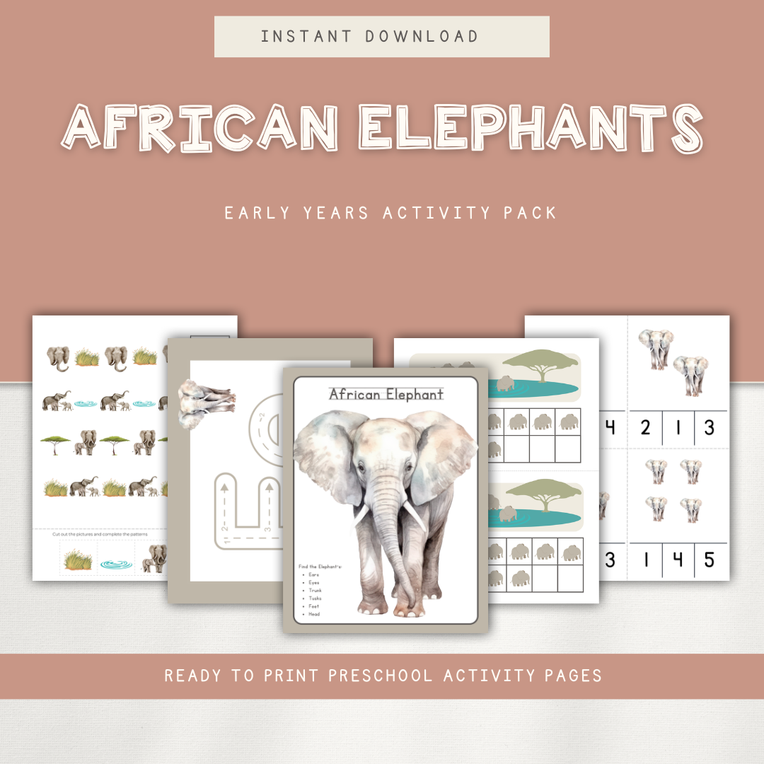 African Elephant - Preschool Activity Pages - Chickadees Wooden Toys