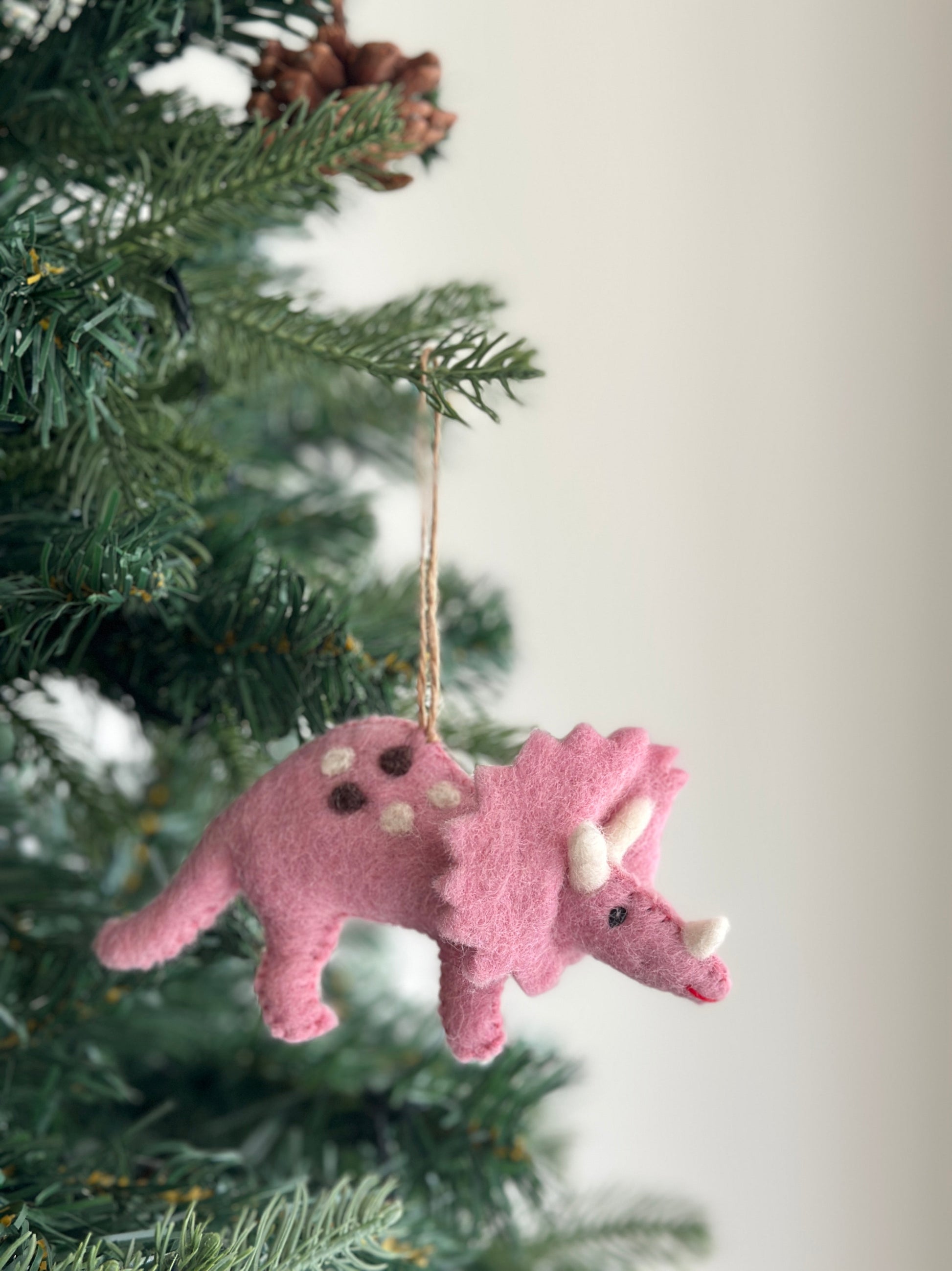 Felt Dinosaur Ornament - Pink Triceratops - Chickadees Wooden Toys