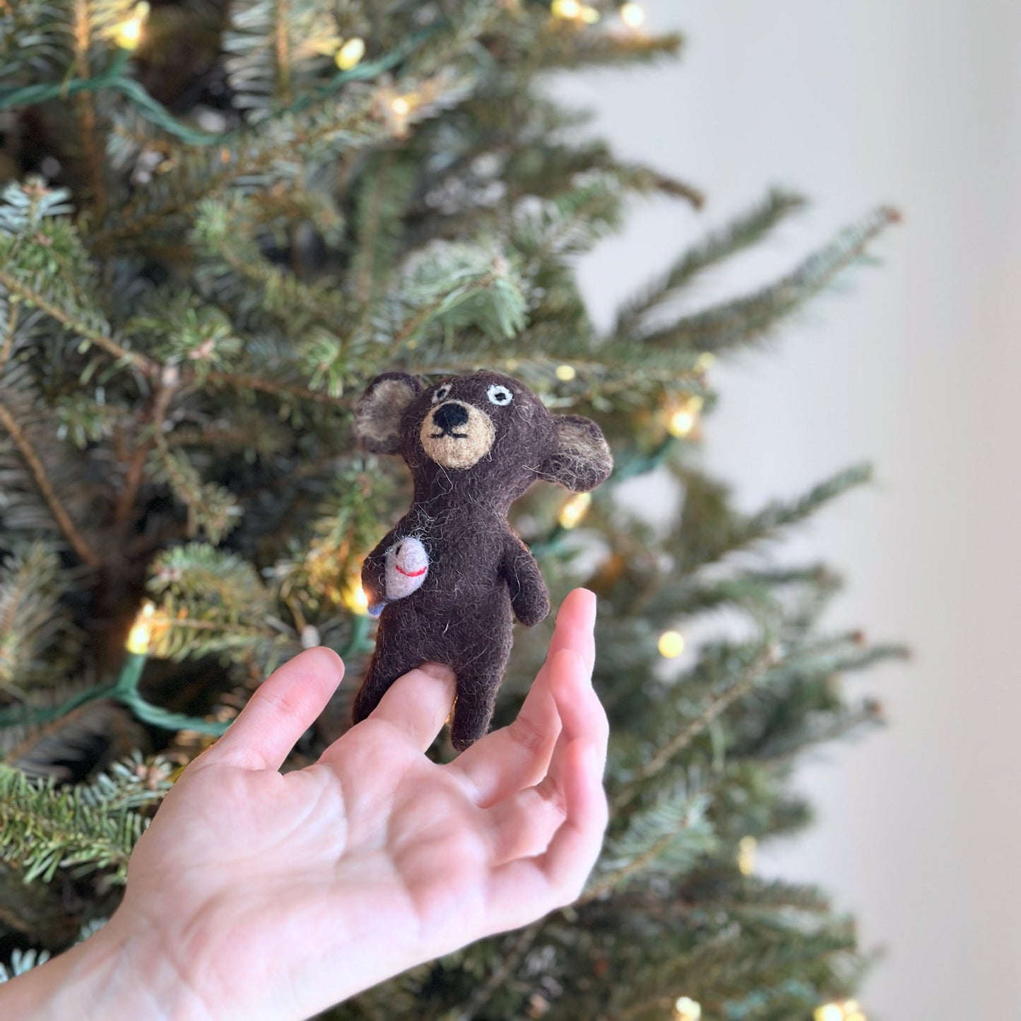 Felt Finger Puppet - Brown Bear Holding Fish - Chickadees Wooden Toys