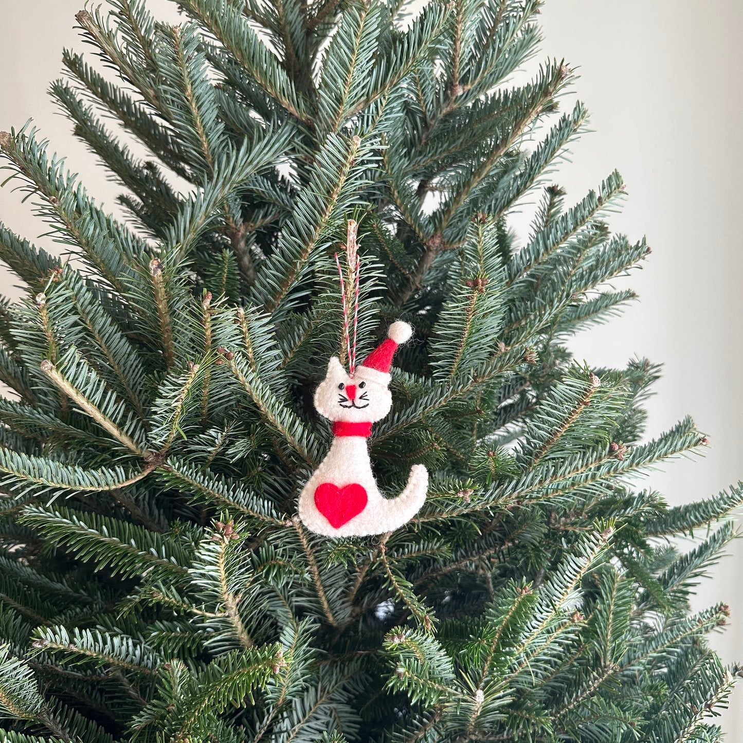 Felt Ornament - White Cat Wearing Christmas Hat