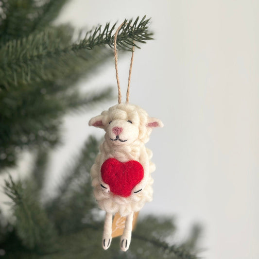 Felt Sheep Holding Heart Ornament - Chickadees Wooden Toys