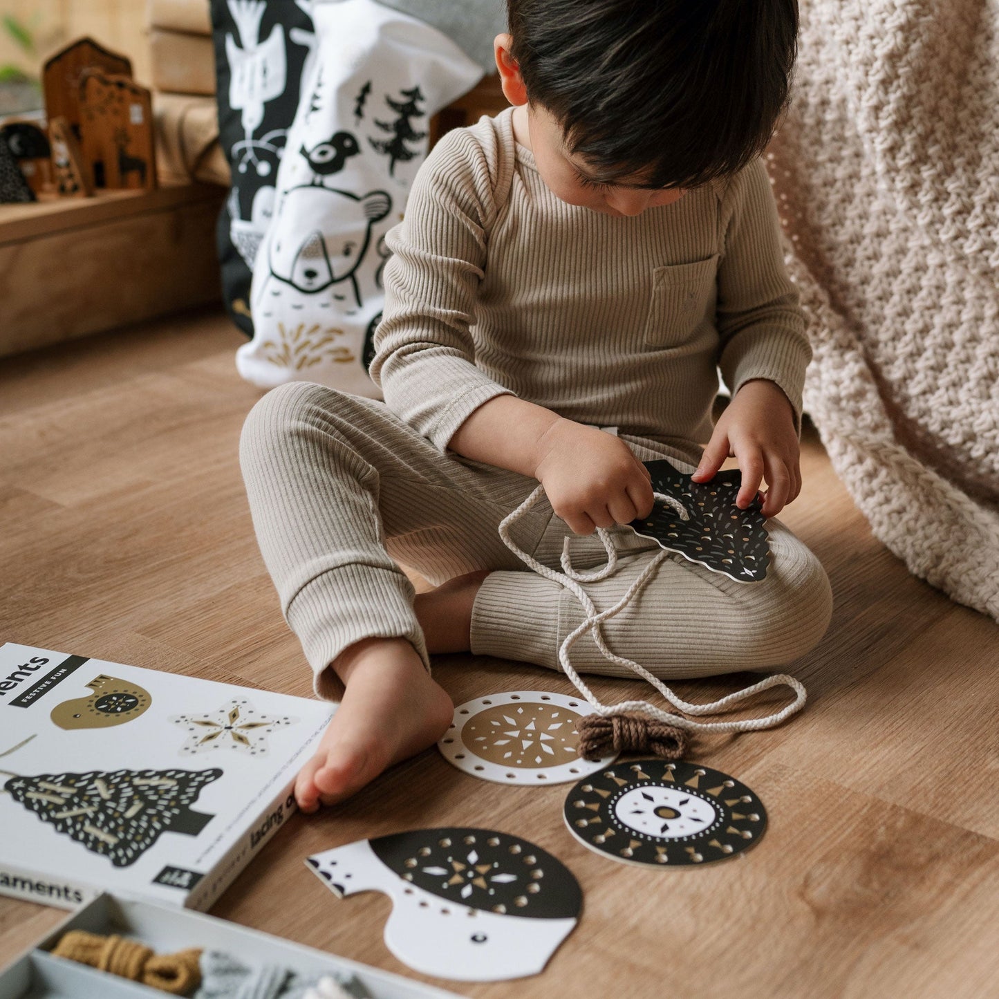 Festive Fun Lacing Ornaments - Chickadees Wooden Toys