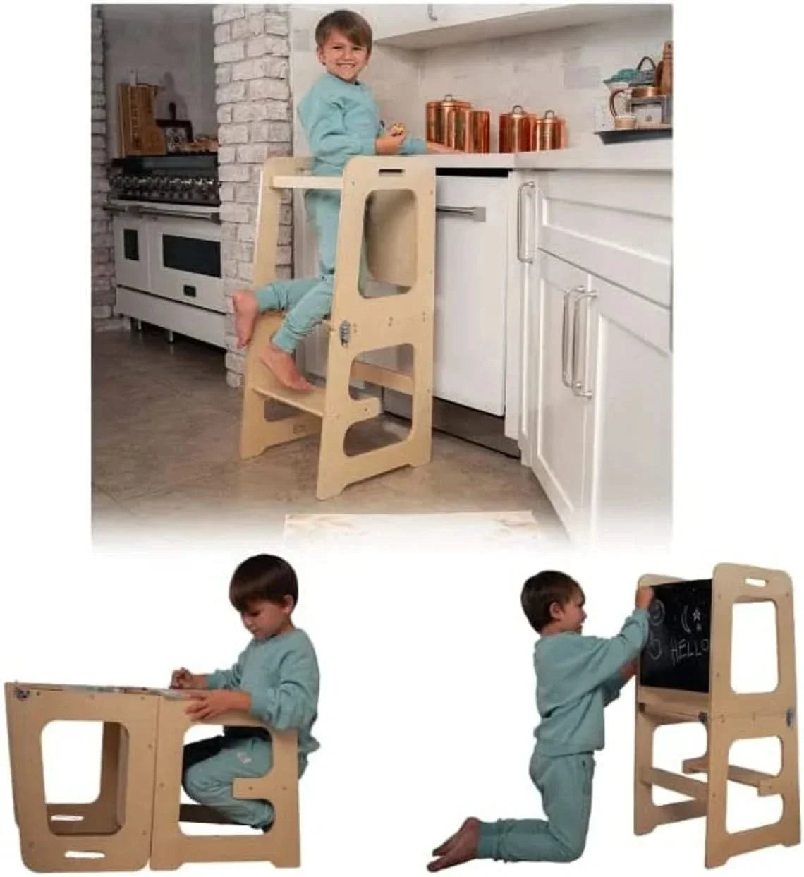 Date - 4 in 1 Kitchen Tower, Desk, Step Stool and Chalkboard - Chickadees Wooden Toys