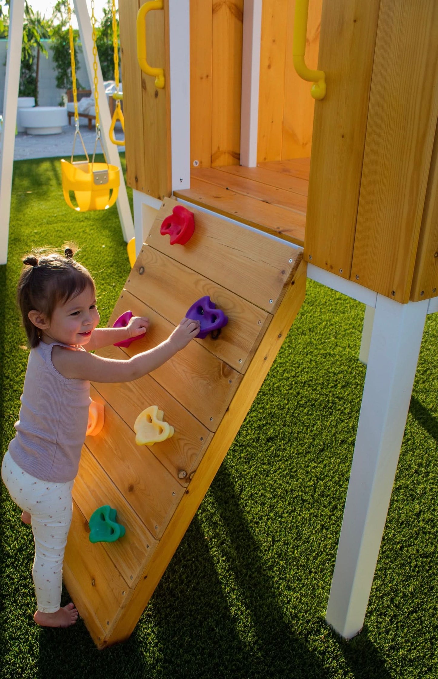 Forest - Modern Backyard Outdoor Swing Set 2 Swings And Trapeze Bar - Chickadees Wooden Toys