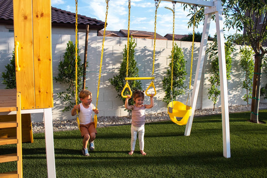 Forest - Modern Backyard Outdoor Swing Set 2 Swings And Trapeze Bar - Chickadees Wooden Toys