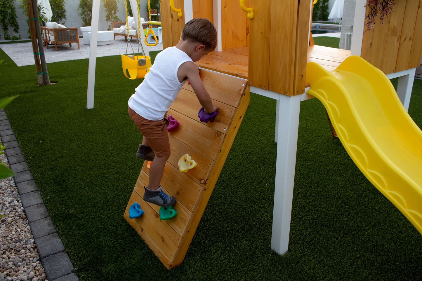 Forest - Modern Backyard Outdoor Swing Set 2 Swings And Trapeze Bar - Chickadees Wooden Toys