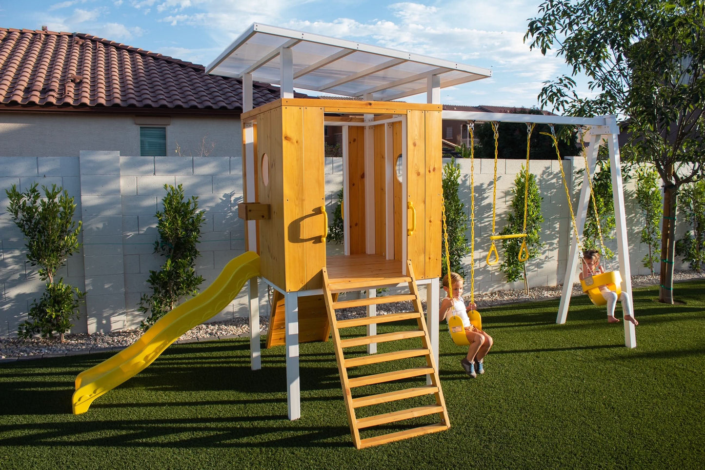 Forest - Modern Backyard Outdoor Swing Set 2 Swings And Trapeze Bar - Chickadees Wooden Toys