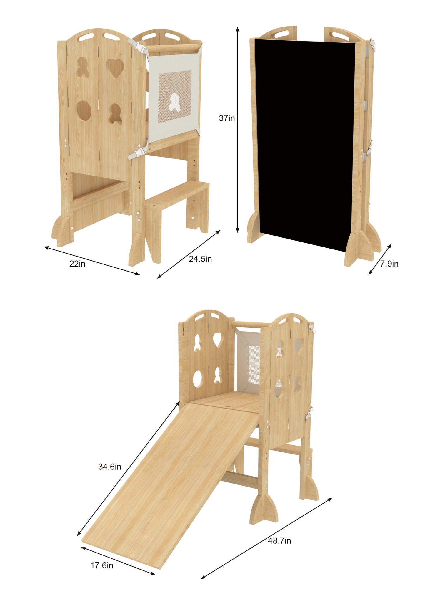 Laurel 4-in-1 Foldable Kitchen Tower, Step Stool, Slide & Chalkboard for Toddlers - Chickadees Wooden Toys