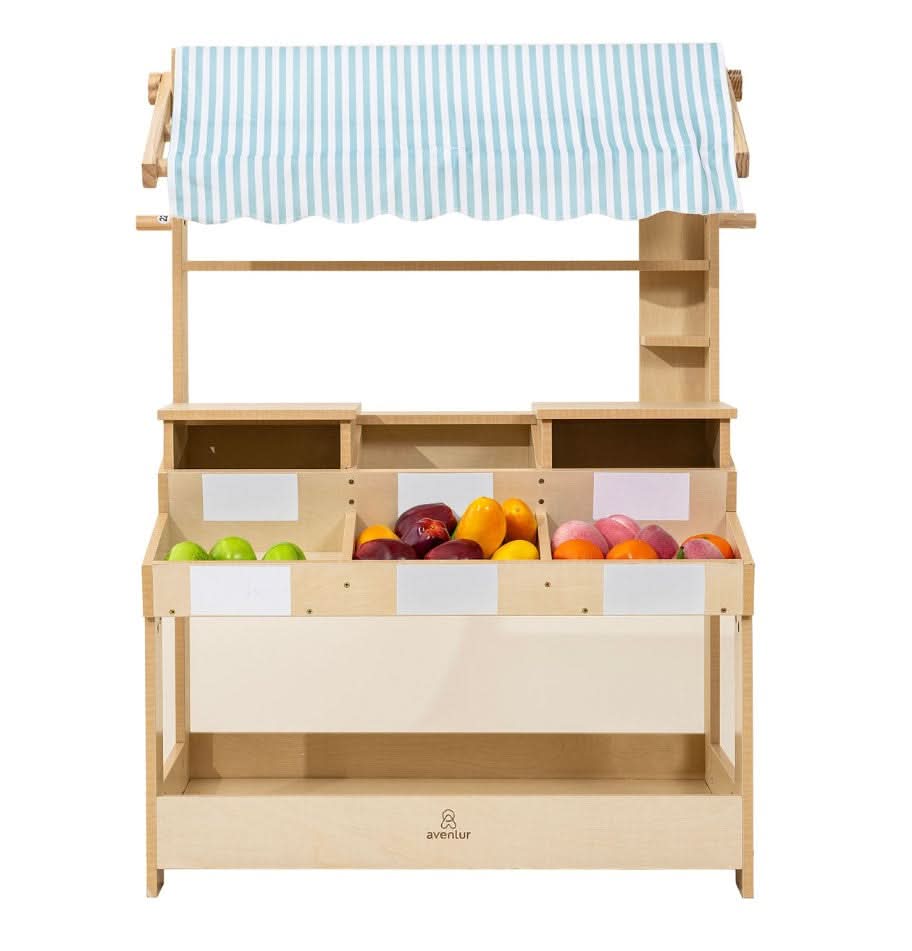 Cypress Wooden Market Stand – Pretend Play Shop for Kids with Storage - Chickadees Wooden Toys