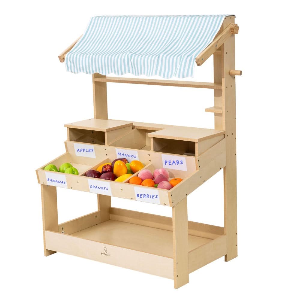 Cypress Wooden Market Stand – Pretend Play Shop for Kids with Storage - Chickadees Wooden Toys