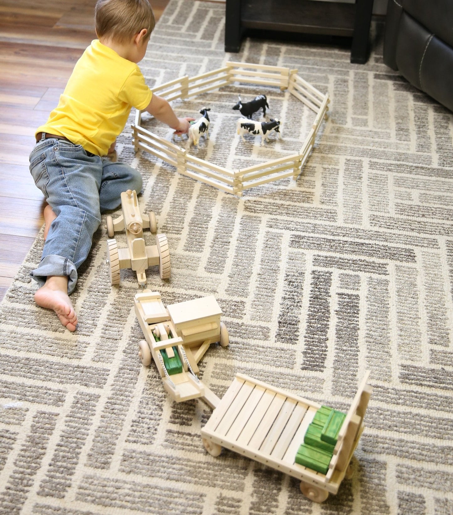 Little Farmer Hay Baling Toy Set - Wooden Toy Tractor, Hay Baler, Hay Wagon and 16 Hay Bales - Chickadees Wooden Toys