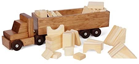 Large Semi Truck and Trailer Wooden Toy Set - with 30 Building Blocks - Chickadees Wooden Toys