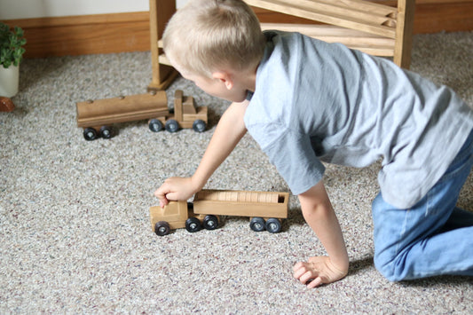 Wooden Barrel Truck Toy With Removable Wood Barrels, Child-Safe Harvest Stain Finish - Chickadees Wooden Toys