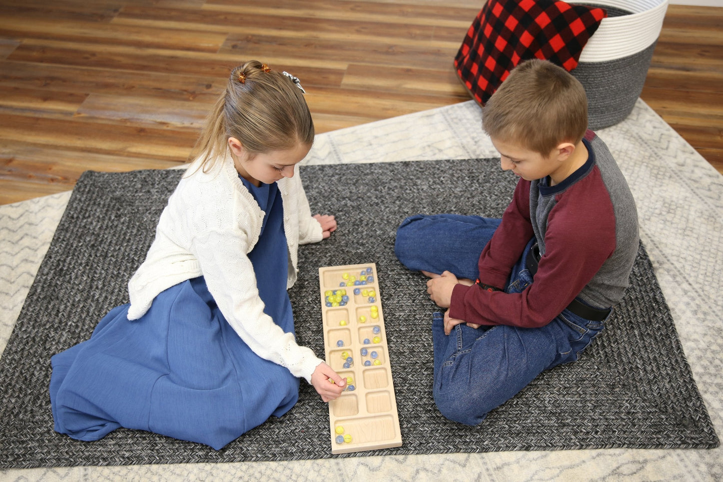 Solid Oak Wood Mancala Board Game Set With Marbles, Amish-Made - Chickadees Wooden Toys