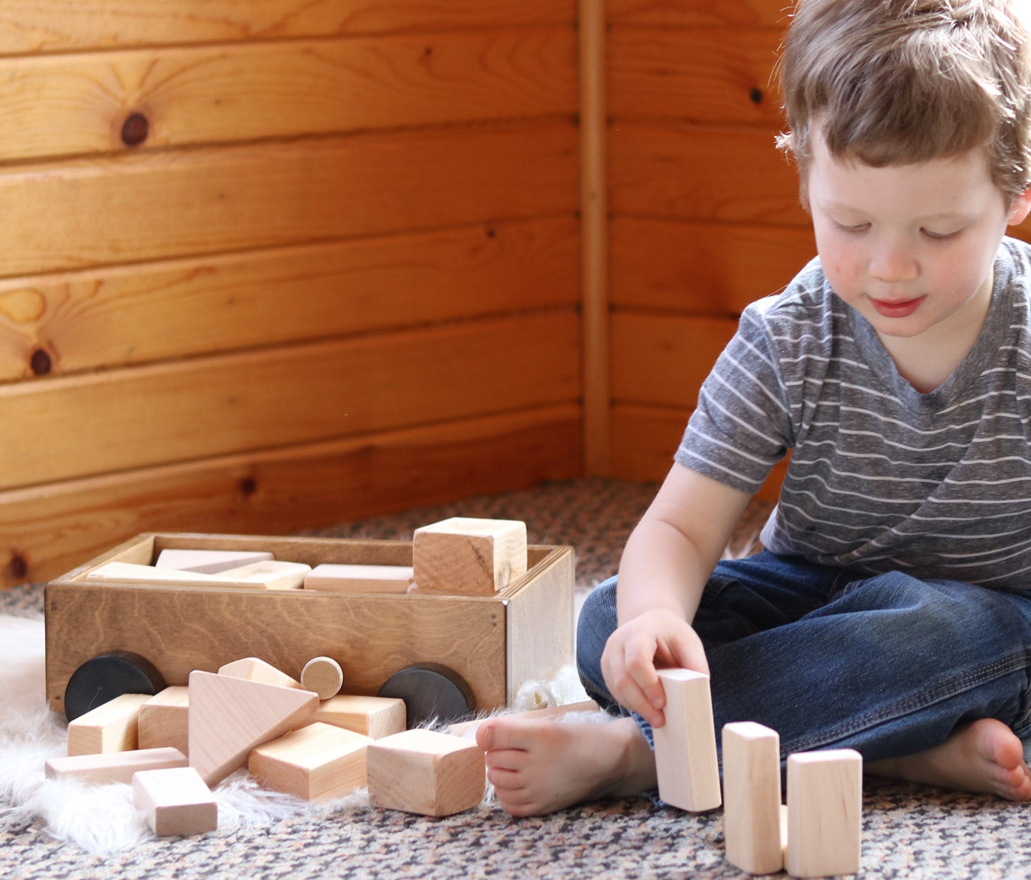 Amish-Made Wooden Toddler Pull Wagon Toy with Wood Building Blocks - Chickadees Wooden Toys