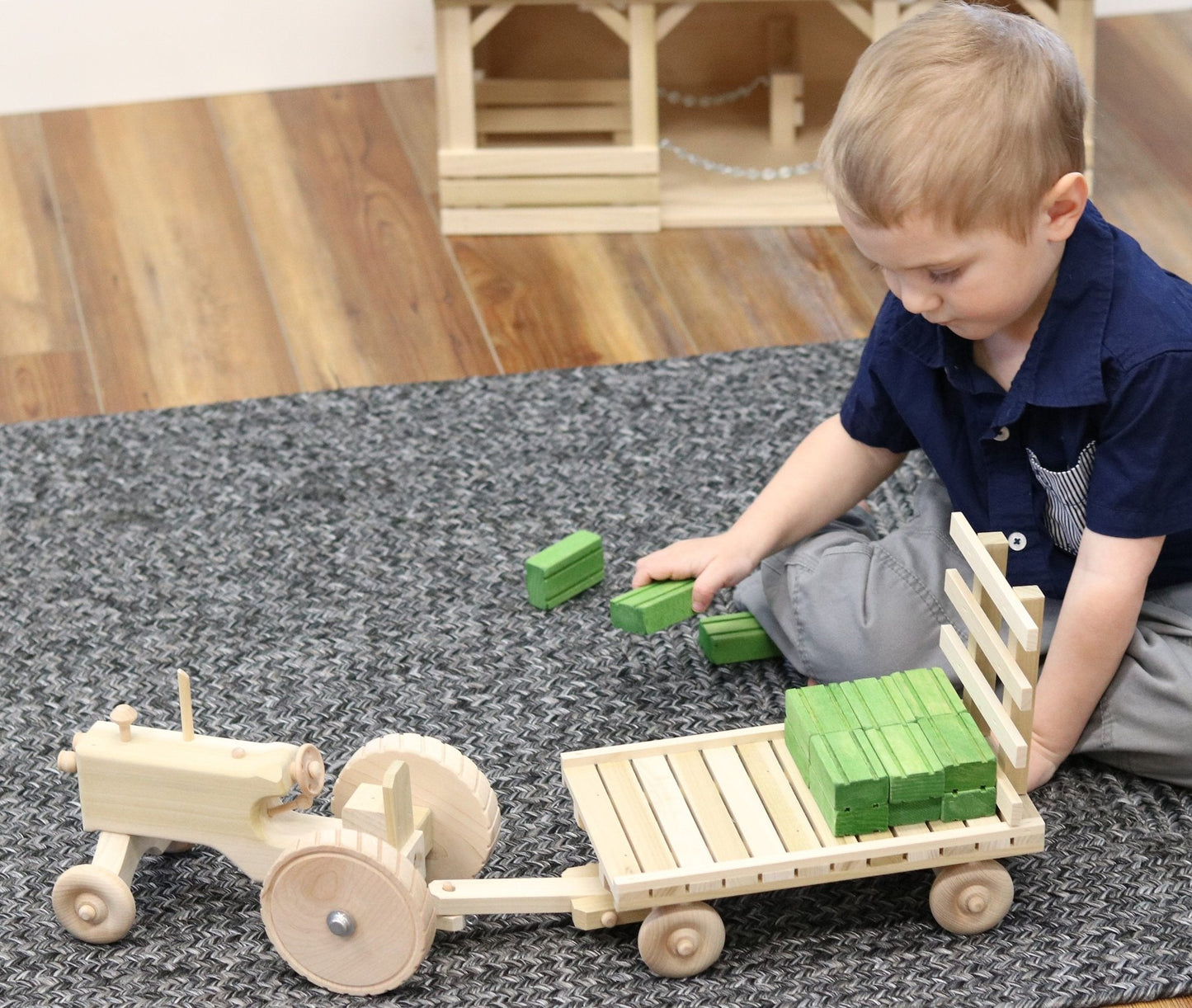 Amish-Made Wooden Toy Tractor & Hay Wagon Set with Hay Bales - Chickadees Wooden Toys