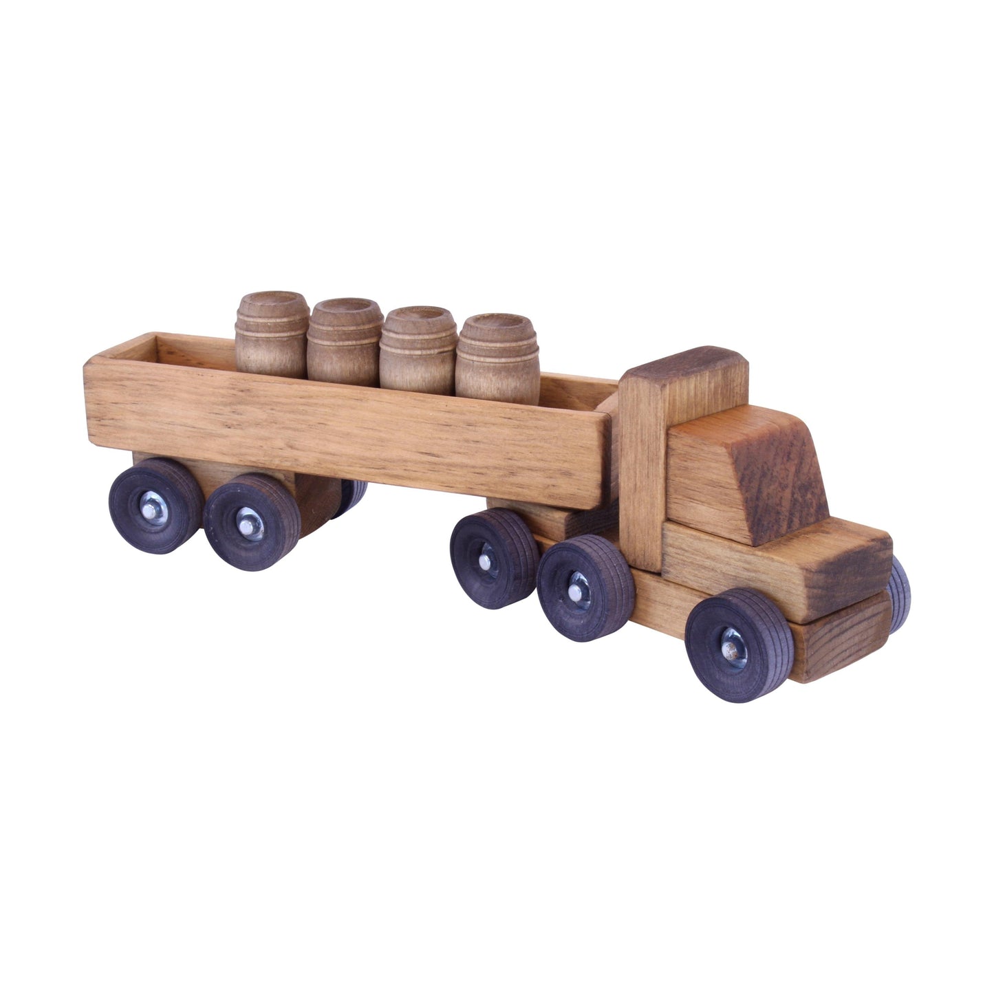 Wooden Barrel Truck Toy With Removable Wood Barrels, Child-Safe Harvest Stain Finish - Chickadees Wooden Toys