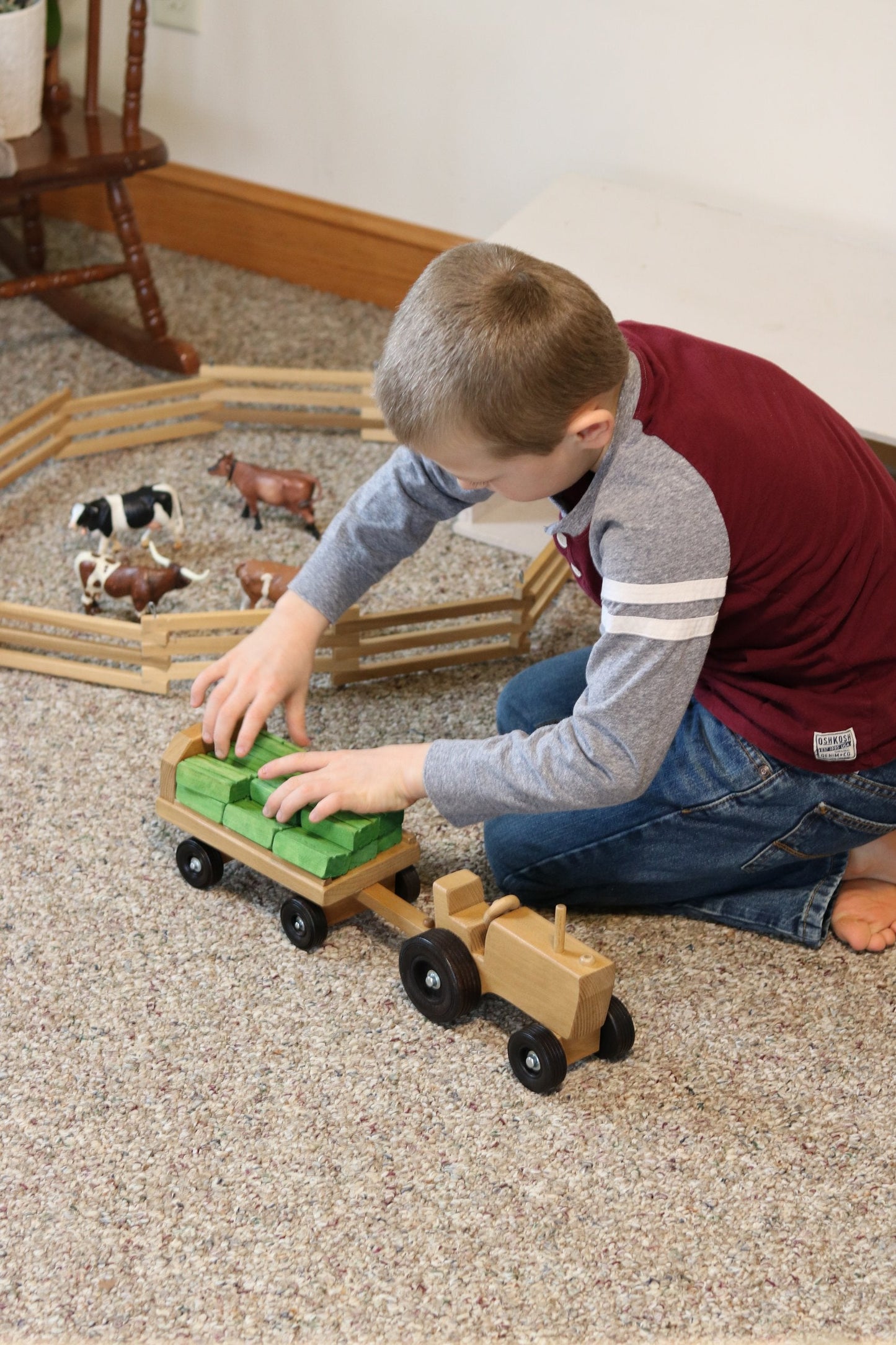 Amish-Made Wooden Toy Tractor and Wagon Set with Hay Bales - Chickadees Wooden Toys