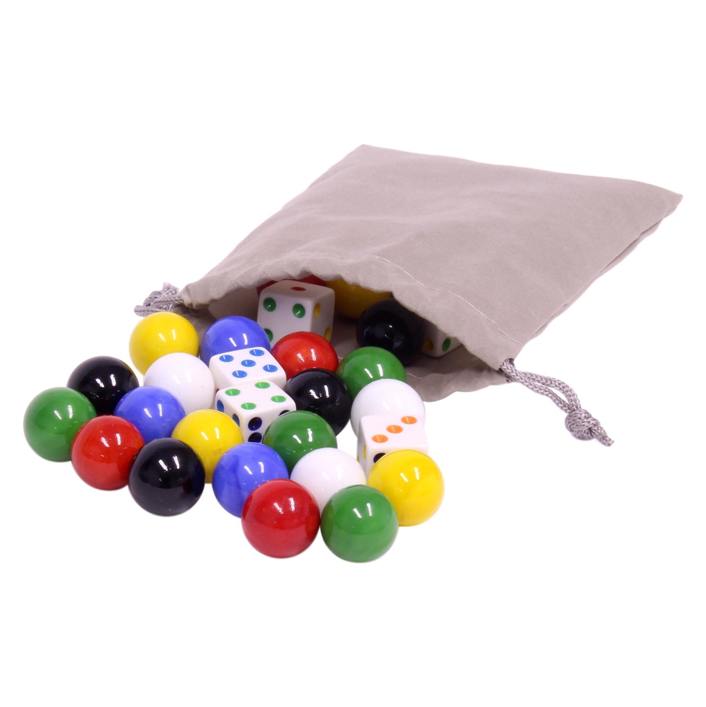 Game Bag of 24 Large Glass Marbles (18mm Diameter) and 6 Dice for Aggravation Game - Chickadees Wooden Toys