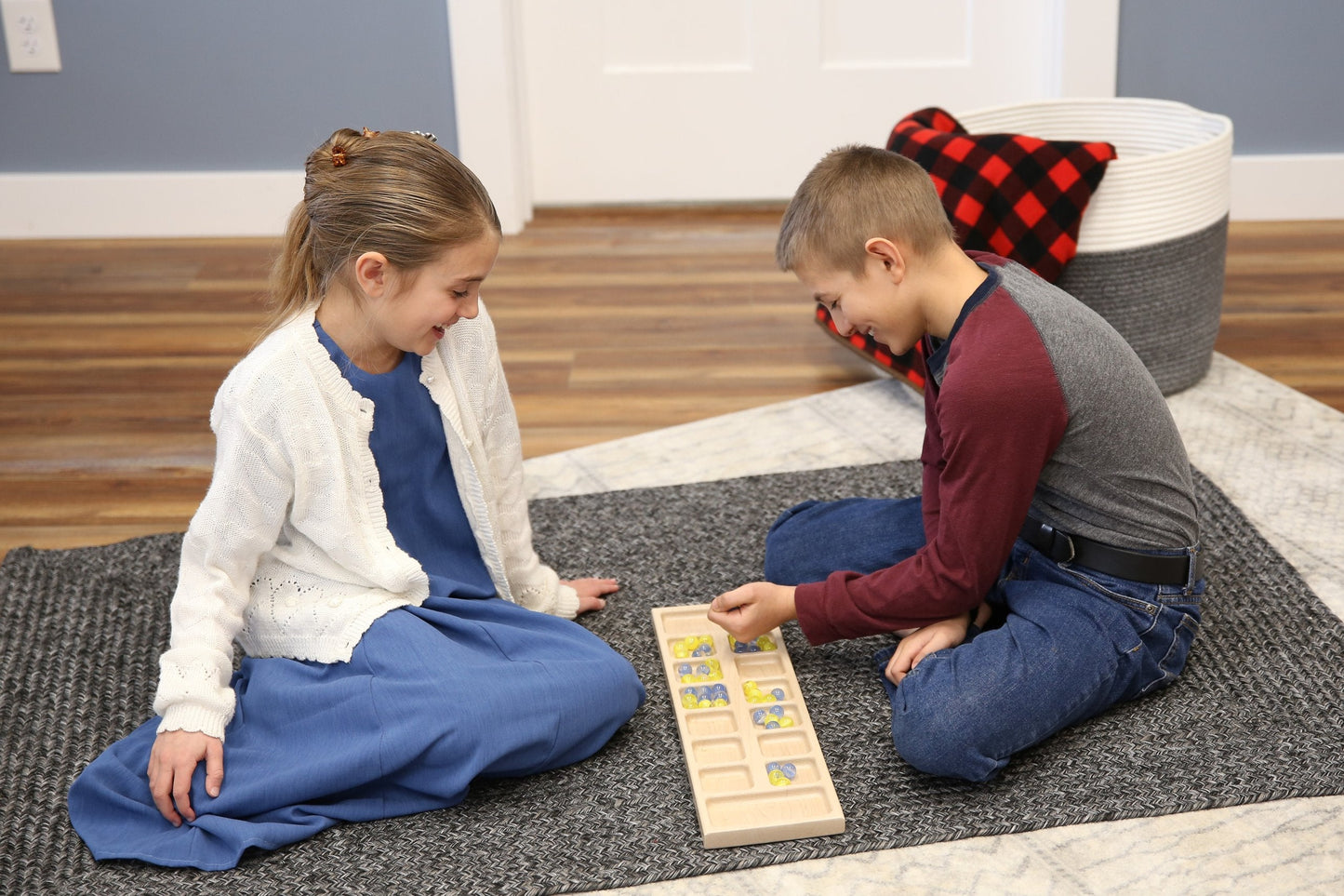 Solid Oak Wood Mancala Board Game Set With Marbles, Amish-Made - Chickadees Wooden Toys
