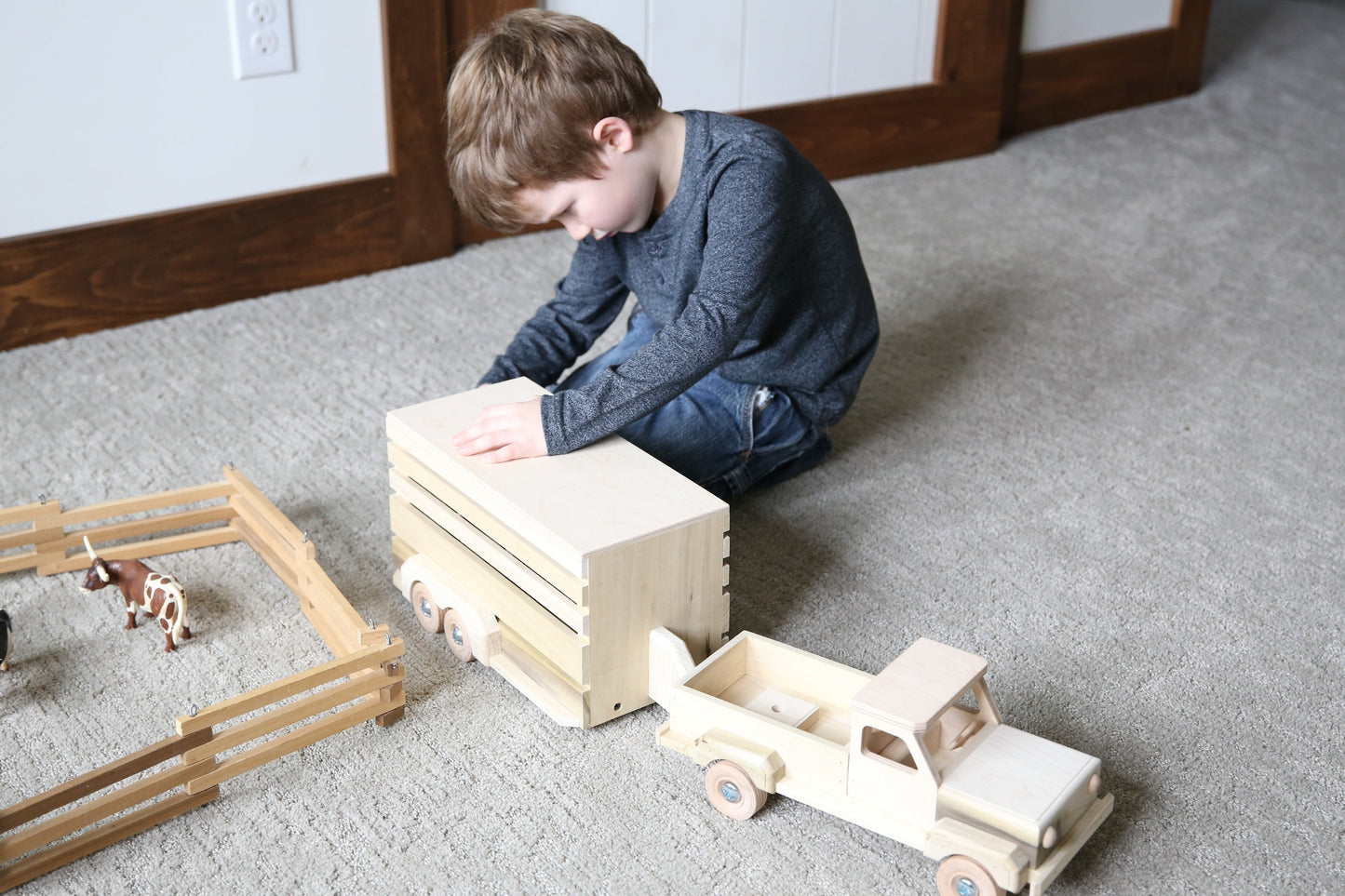 Amish-Made Wooden Pickup & Horse Trailer Toy Set, Unfinished - Chickadees Wooden Toys