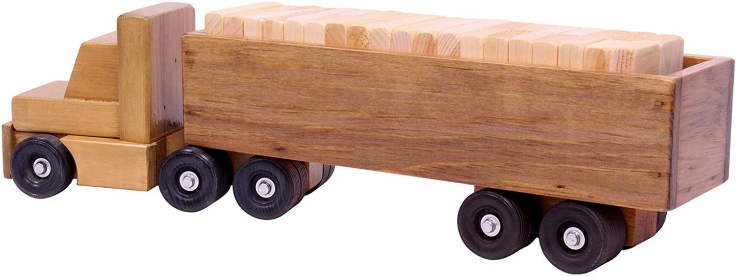 Large Semi Truck and Trailer Wooden Toy Set - with 30 Building Blocks - Chickadees Wooden Toys