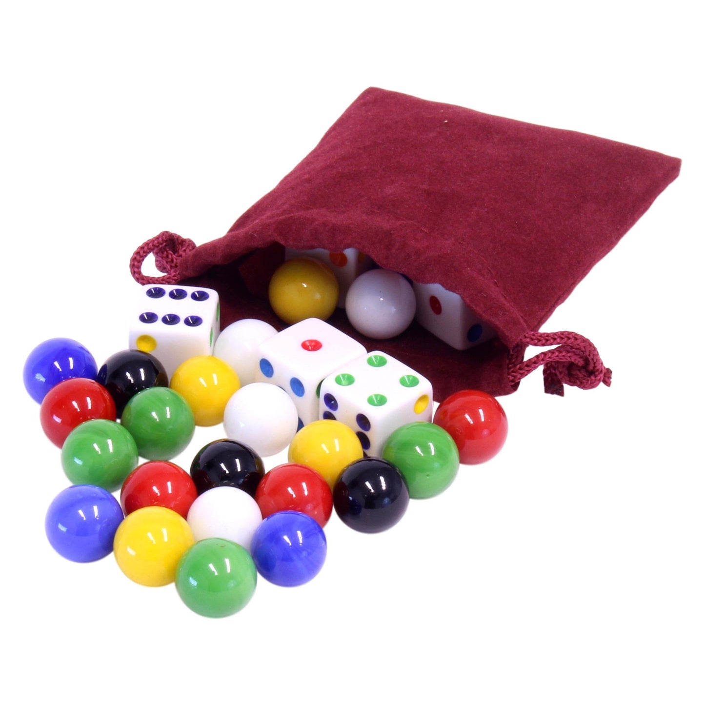 Game Bag of 24 Glass Marbles (14mm) and 6 Dice for Aggravation Game - Chickadees Wooden Toys