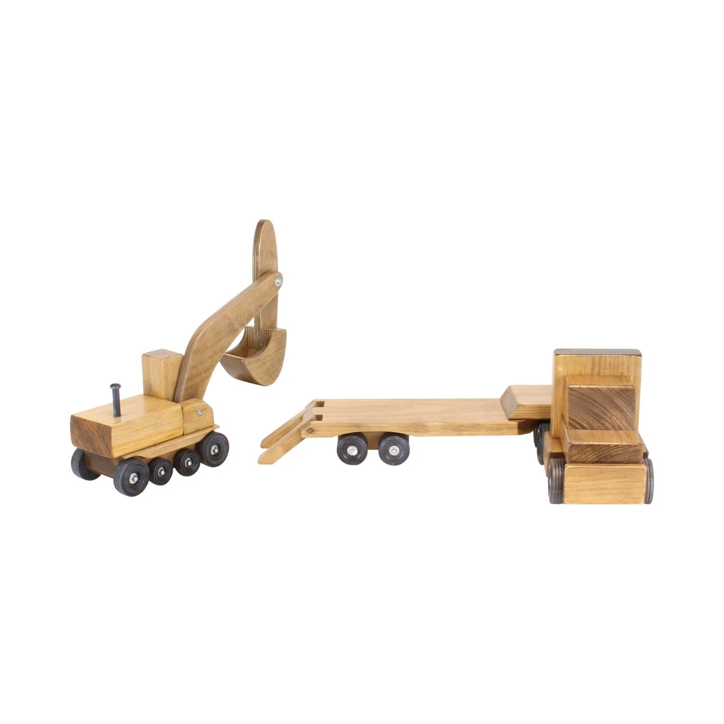 Large Wooden Toy Truck & Low Boy Flatbed Trailer with Excavator Set - Chickadees Wooden Toys