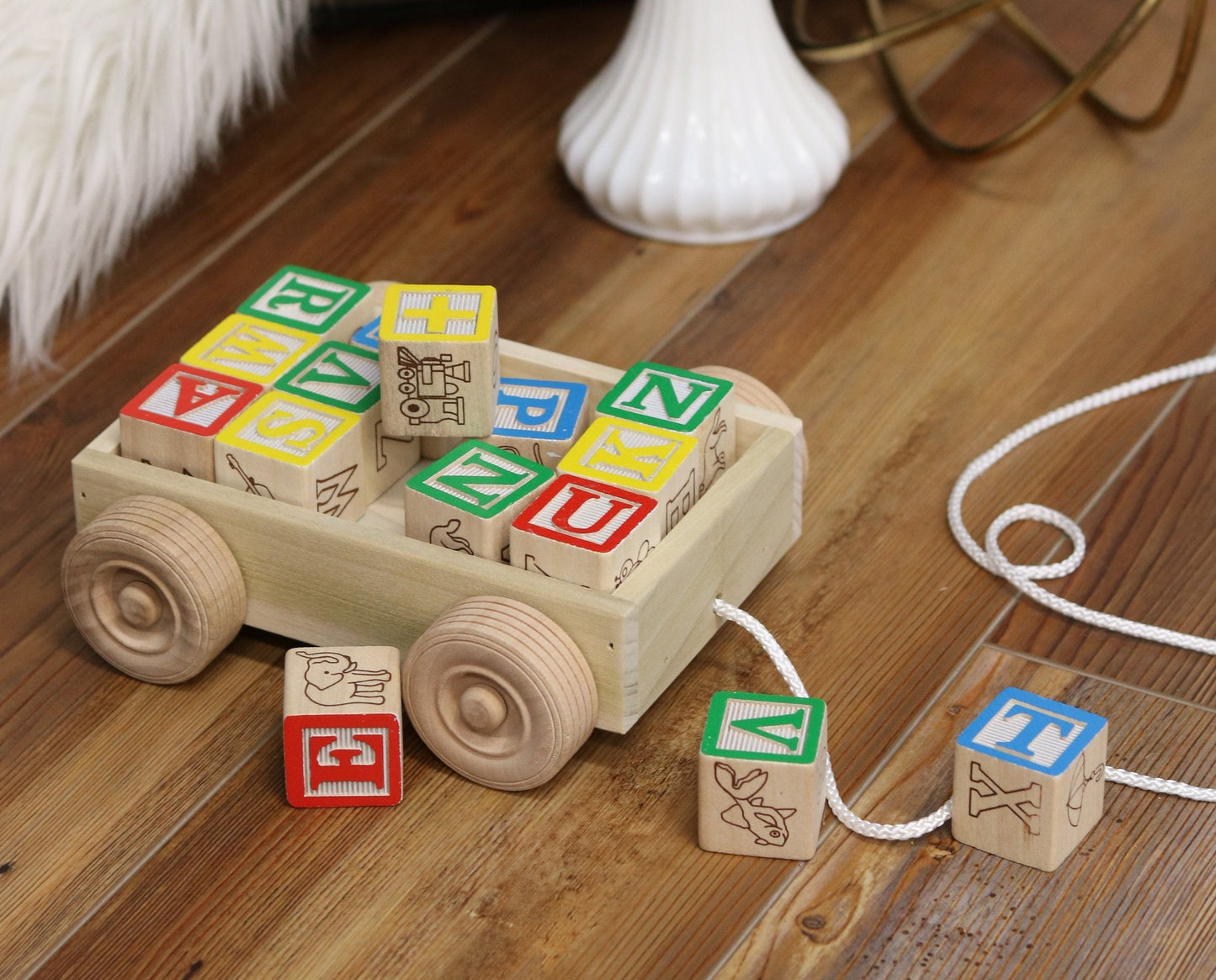 Amish-Made Wooden ABC Block Toddler Pull-String Wagon Toy - Chickadees Wooden Toys