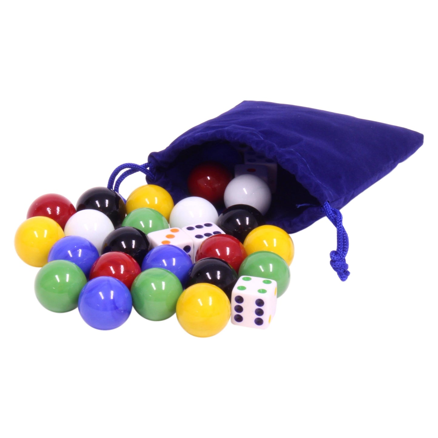 Game Bag of 24 Large Glass 7/8" (22mm Diameter) Marbles and 6 Dice - Chickadees Wooden Toys