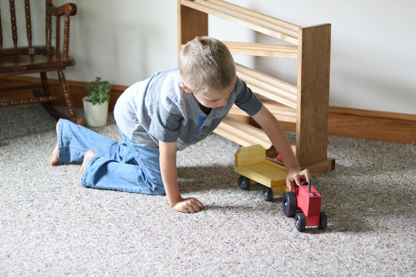 Amish-Made Wooden Toy Tractor and Wagon Set with Hay Bales - Chickadees Wooden Toys
