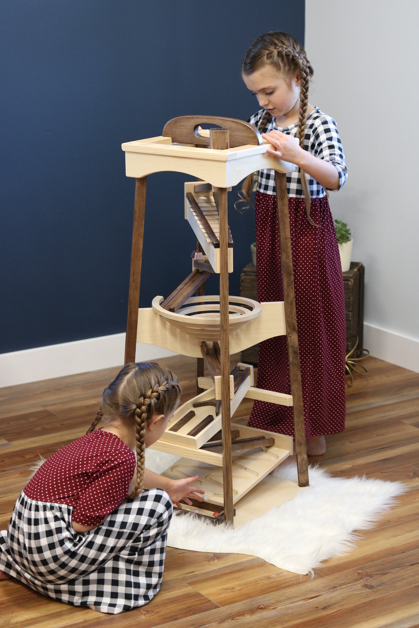 Pyramid Marble Tower Run Wooden Toy, 39" High, Marbles Included - Chickadees Wooden Toys