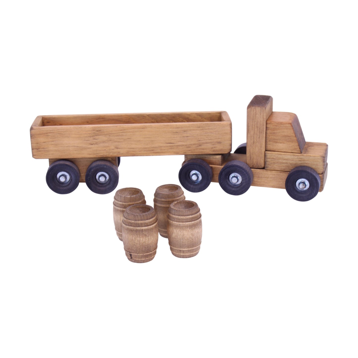 Wooden Barrel Truck Toy With Removable Wood Barrels, Child-Safe Harvest Stain Finish - Chickadees Wooden Toys