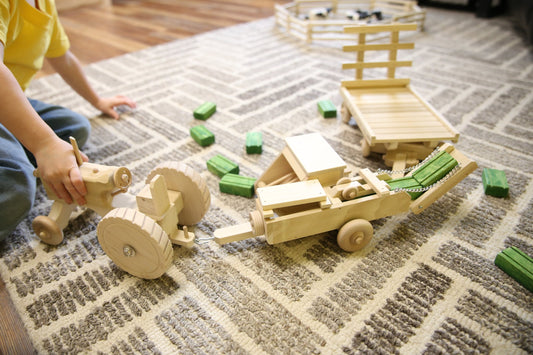 Little Farmer Hay Baling Toy Set - Wooden Toy Tractor, Hay Baler, Hay Wagon and 16 Hay Bales - Chickadees Wooden Toys