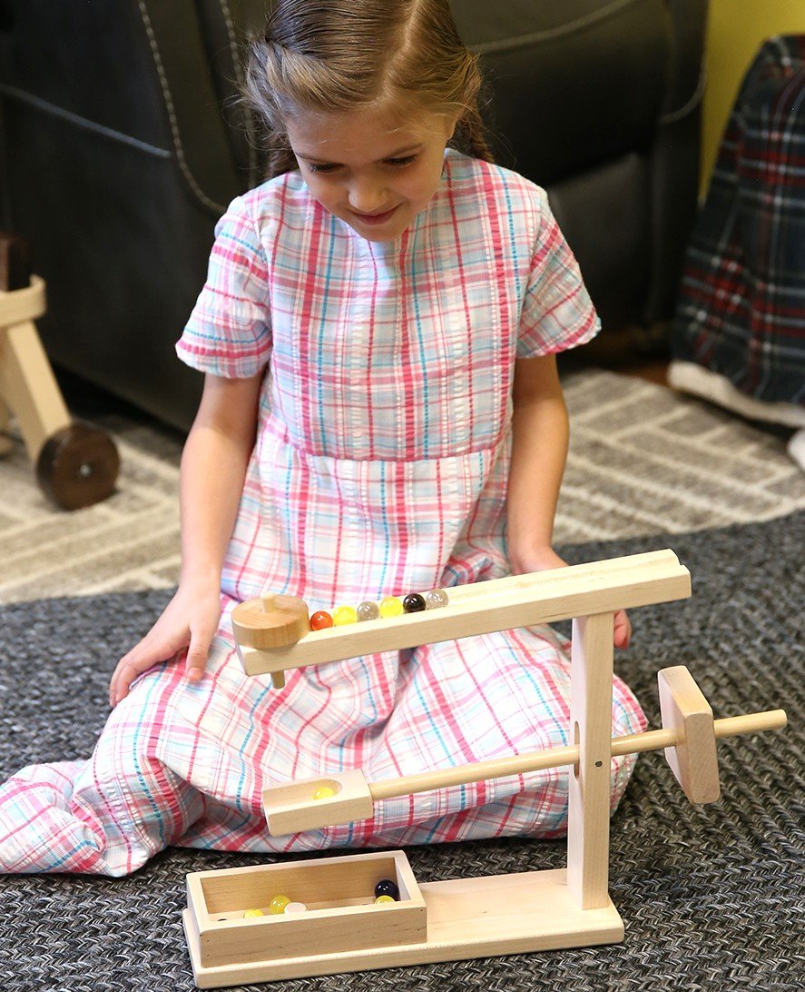 Amish-Made Wooden Marble Roller Machine Toy, Child-Safe Maple/Walnut Finish - Chickadees Wooden Toys