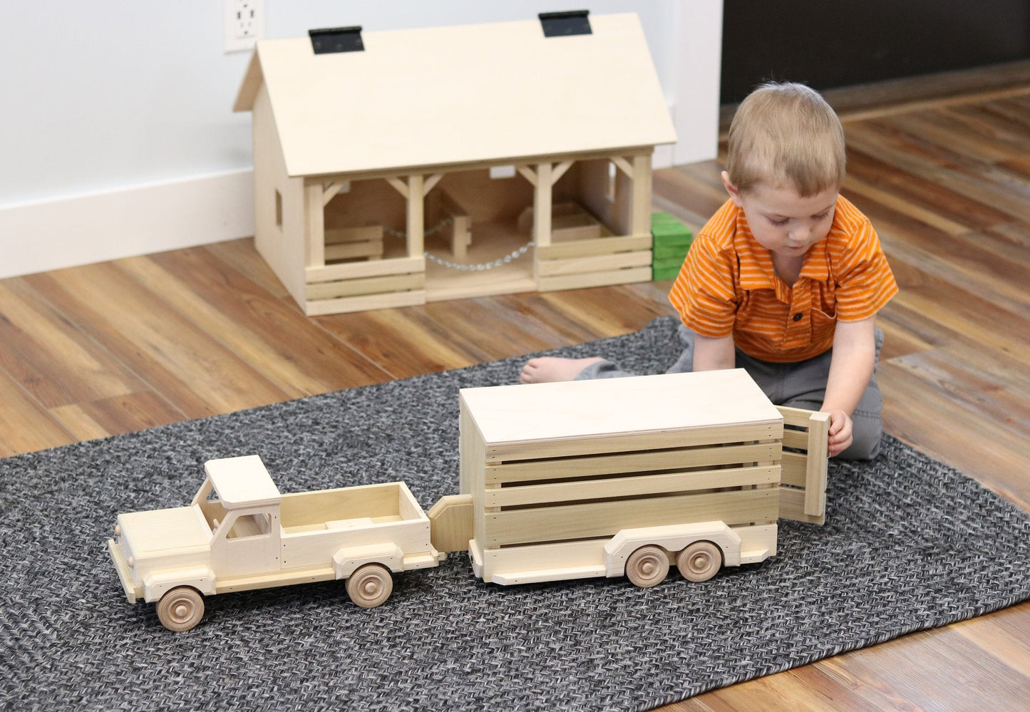 Amish-Made Wooden Pickup & Horse Trailer Toy Set, Unfinished - Chickadees Wooden Toys
